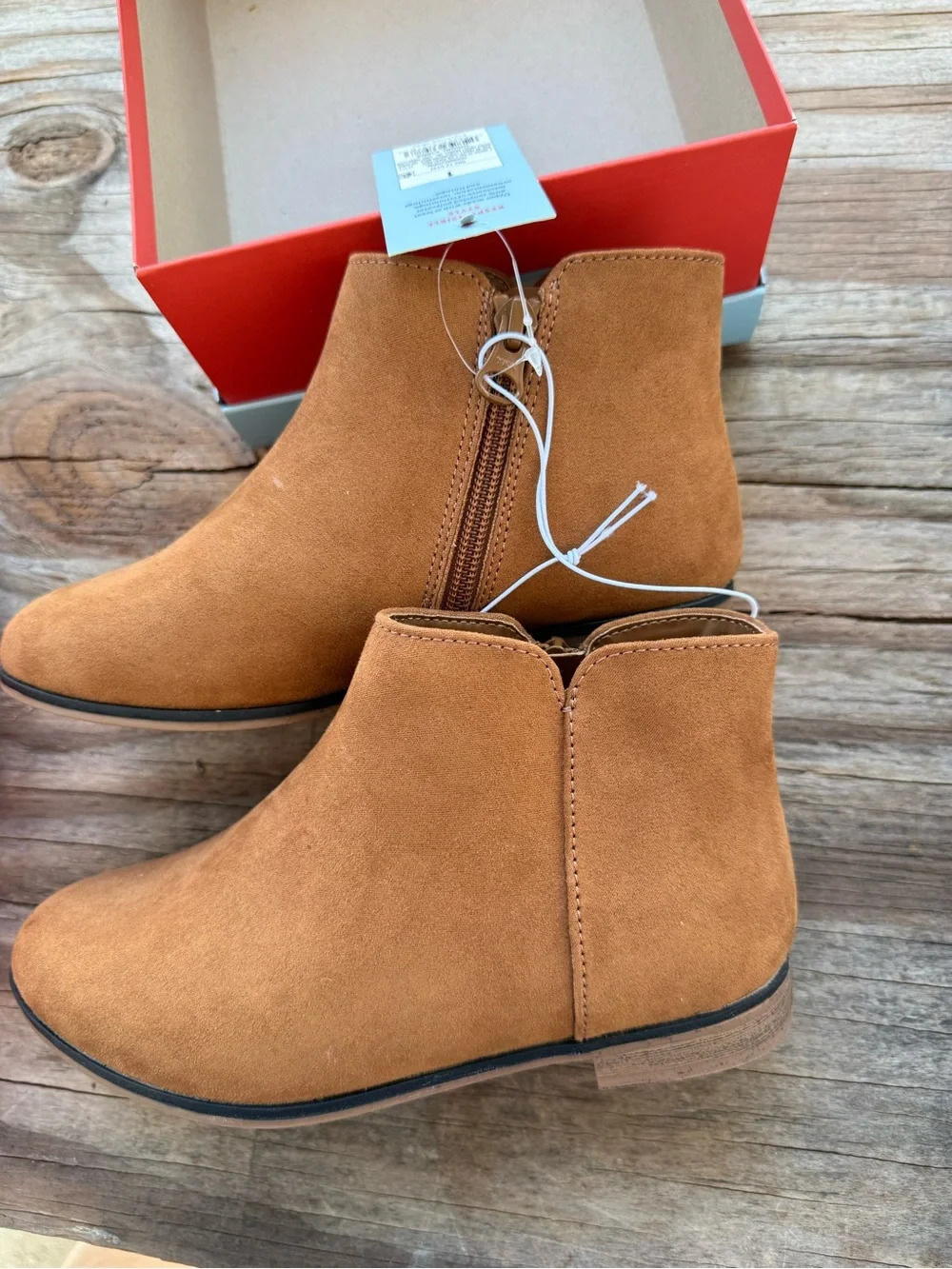 Cat & Jack Opal Ankle Boots Girls Size 1 Cognac Brown Faux Suede Zipper NEW